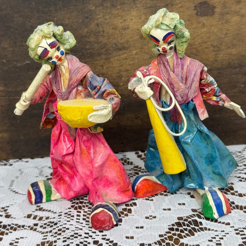 Vintage Paper Mache Clown Figurines Pair Handcrafted Circus Folk Art Whimsical